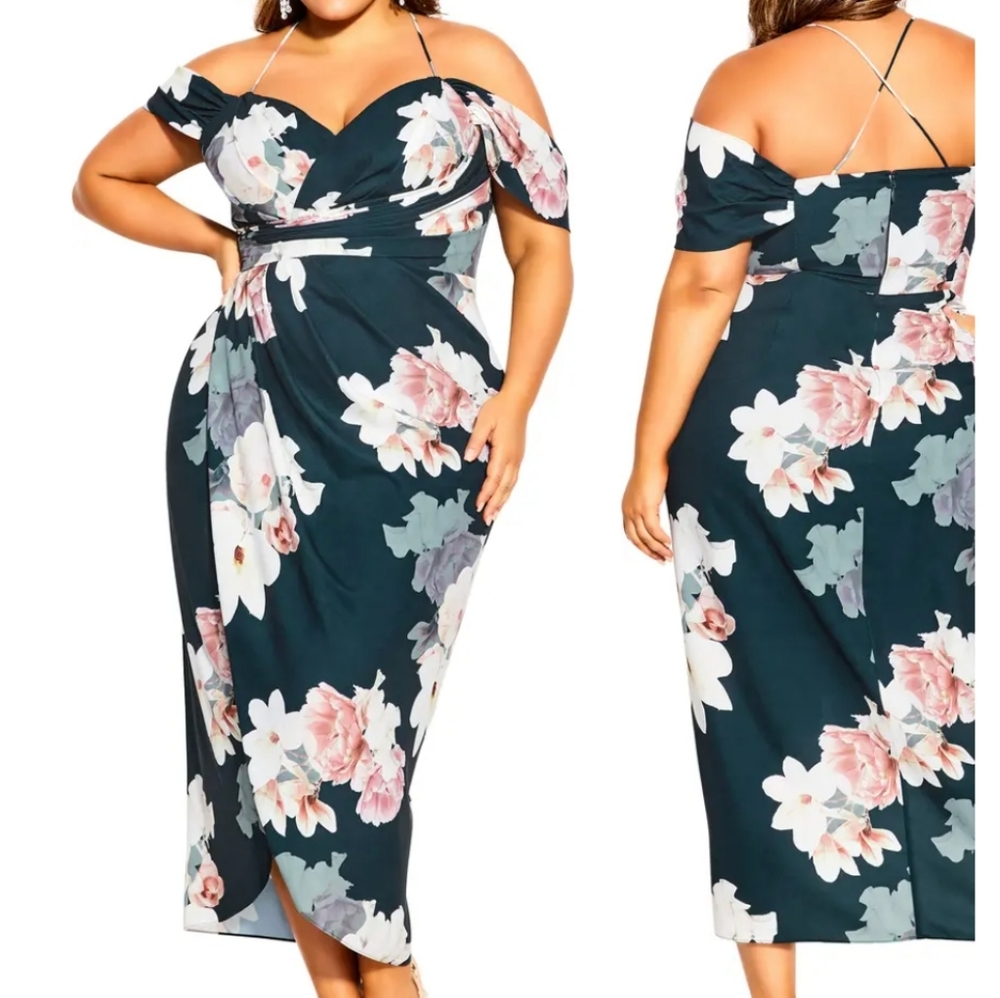 City Chic emerald off the shoulder Faux wrap dress